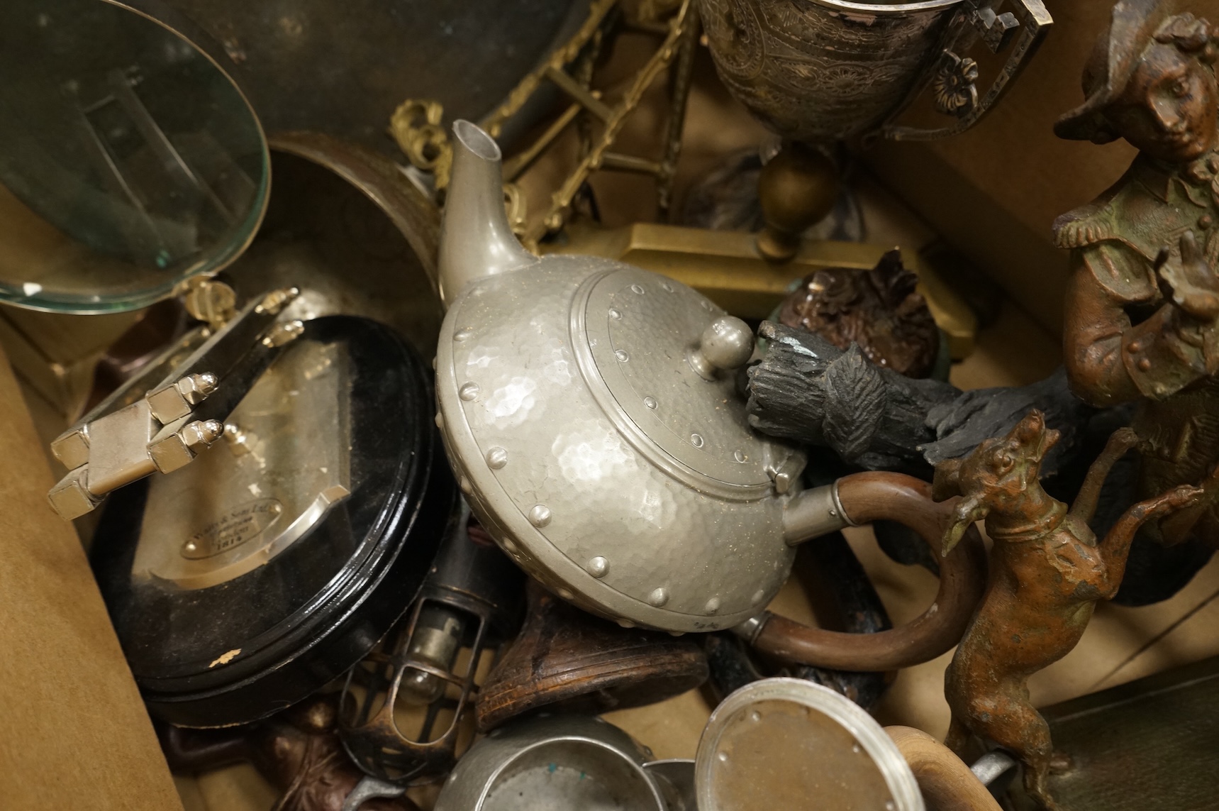 An Arts & Crafts pewter teaset and tray and a collection of mixed metalware